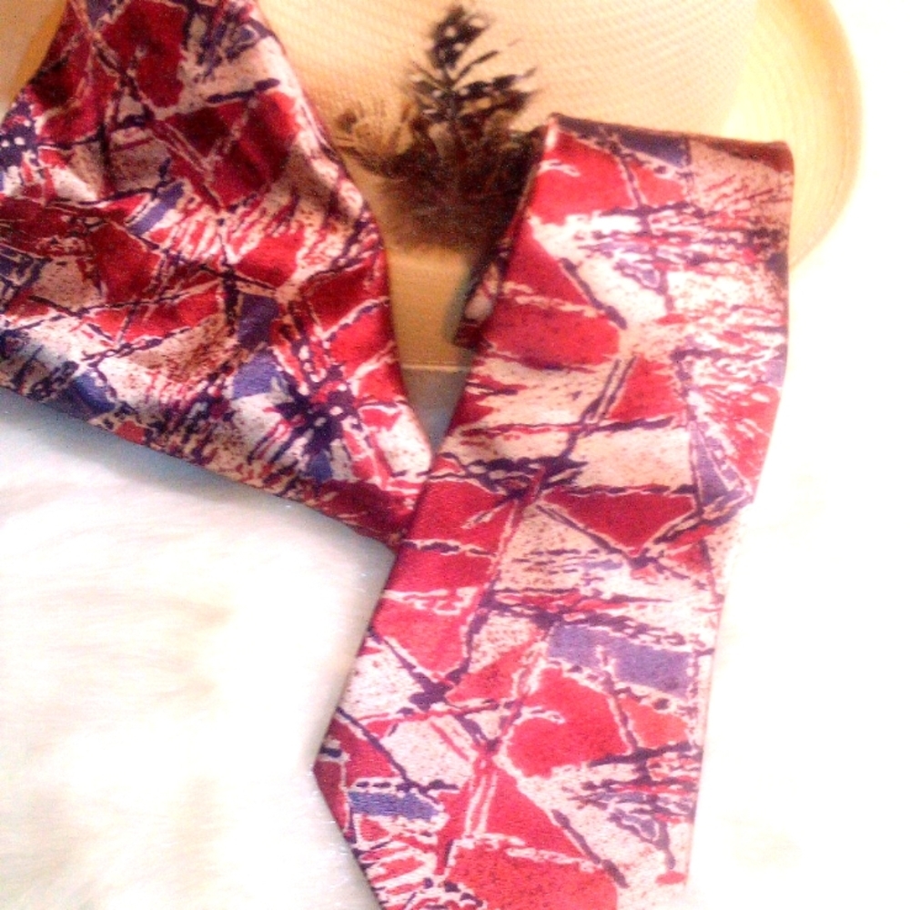 VINTAGE ESSEX ROW POCKET SQUARE & TIE RED, PURPLE, BEIGE Like New
